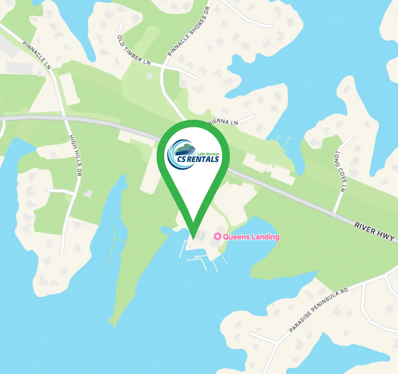 Map showing CS Boat Rentals at Queens Landing on Lake Norman